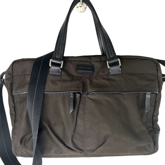 COACH VARICK Brown Nylon Briefcase Messenger Travel Bag Leather Trim F70681 VGUC - Picture 1 of 10